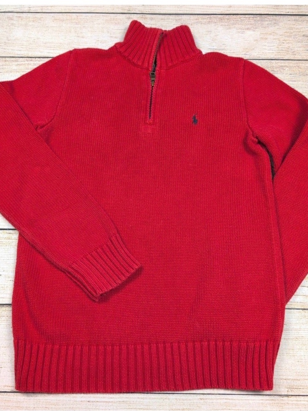 Vintage Polo Ralph Lauren Quarter Zip Pullover Red Cotton Sweater Kids Size L